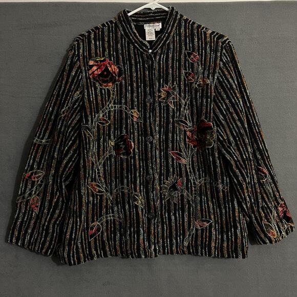 Coldwater Creek Jacket Womens L Velvet Floral Chunky Textured Stripe Buttons - Picture 1 of 11